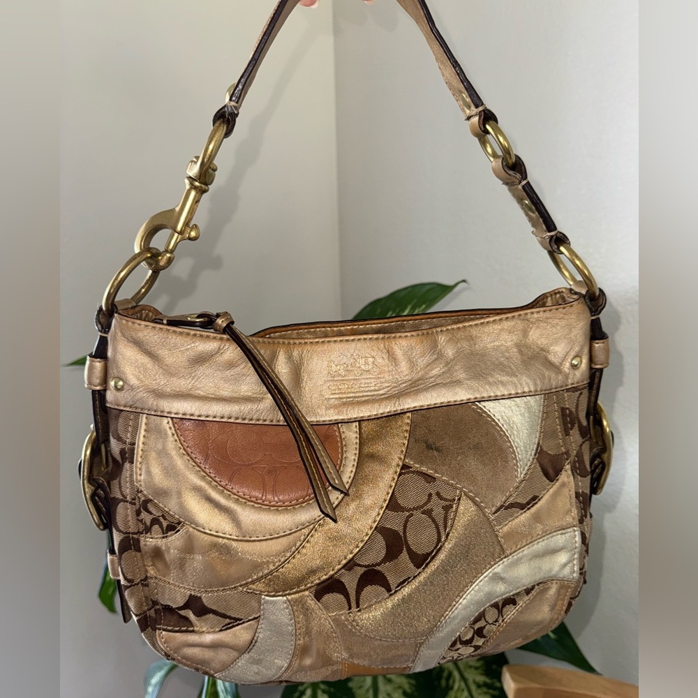 Coach Zoe Vintage Signature Jacquard Patchwork Gold Brown Shoulder Y2K Bag 12662 - Picture 3 of 17